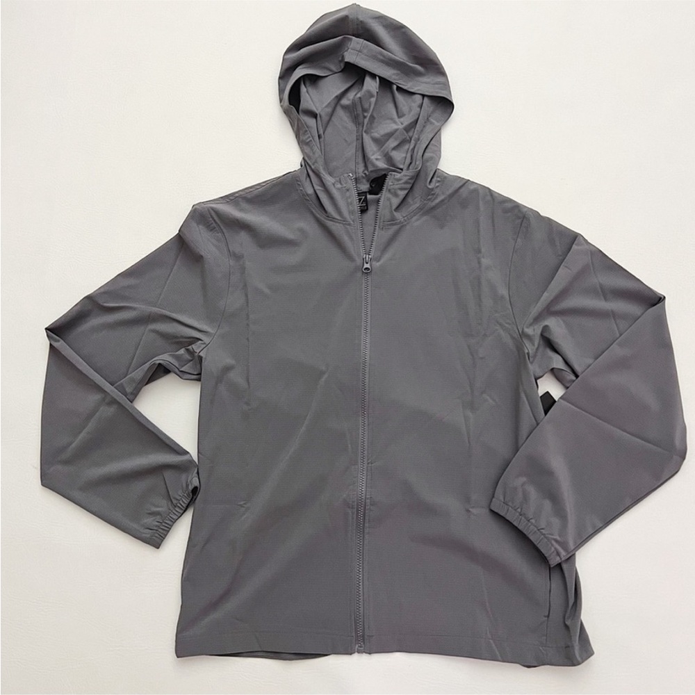 Zella Grey Shade Tunic Length Windbreaker W/ Zip Front,Hoodie,Pockets, Oversized